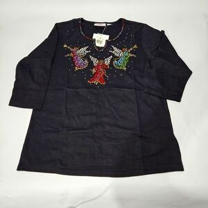 Quacker Factory Black 3/4 Sleeve Shirt Rhinestone Angels M NWT